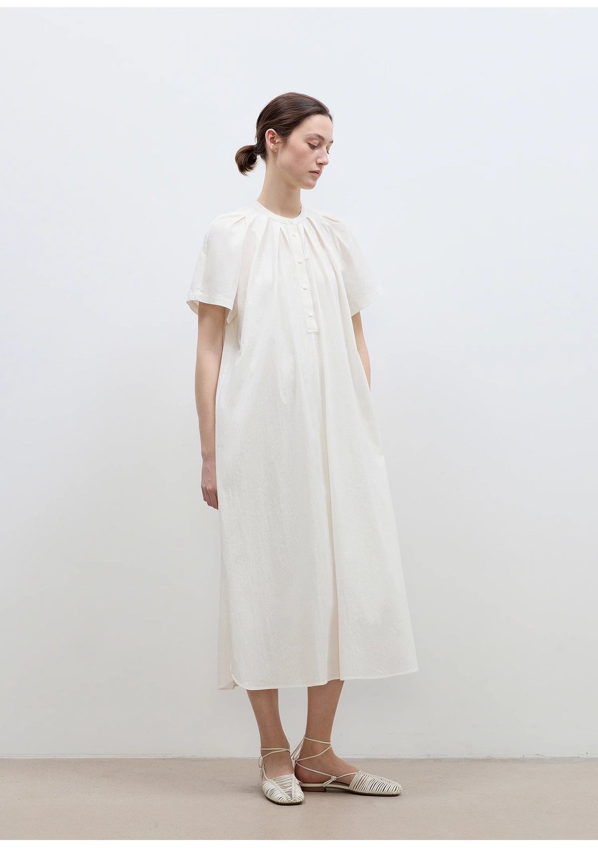 "First Love Island" Cotton Stand Collar Pleated Short Sleeve Shirt Dress for Women-4