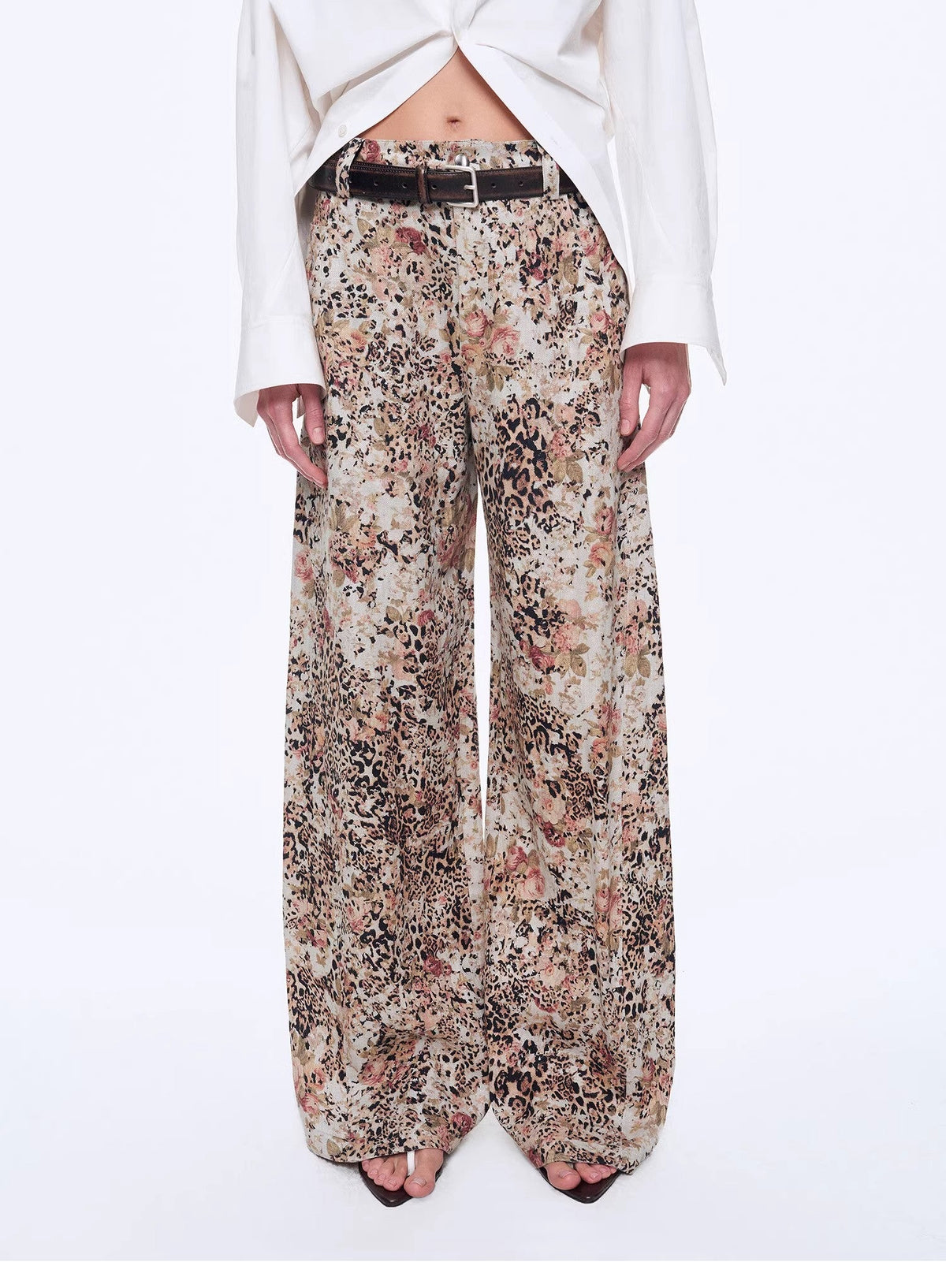 "Slow Paris" Vintage Print Linen Blend Cut Scimitar Wide Leg Casual Pants-4