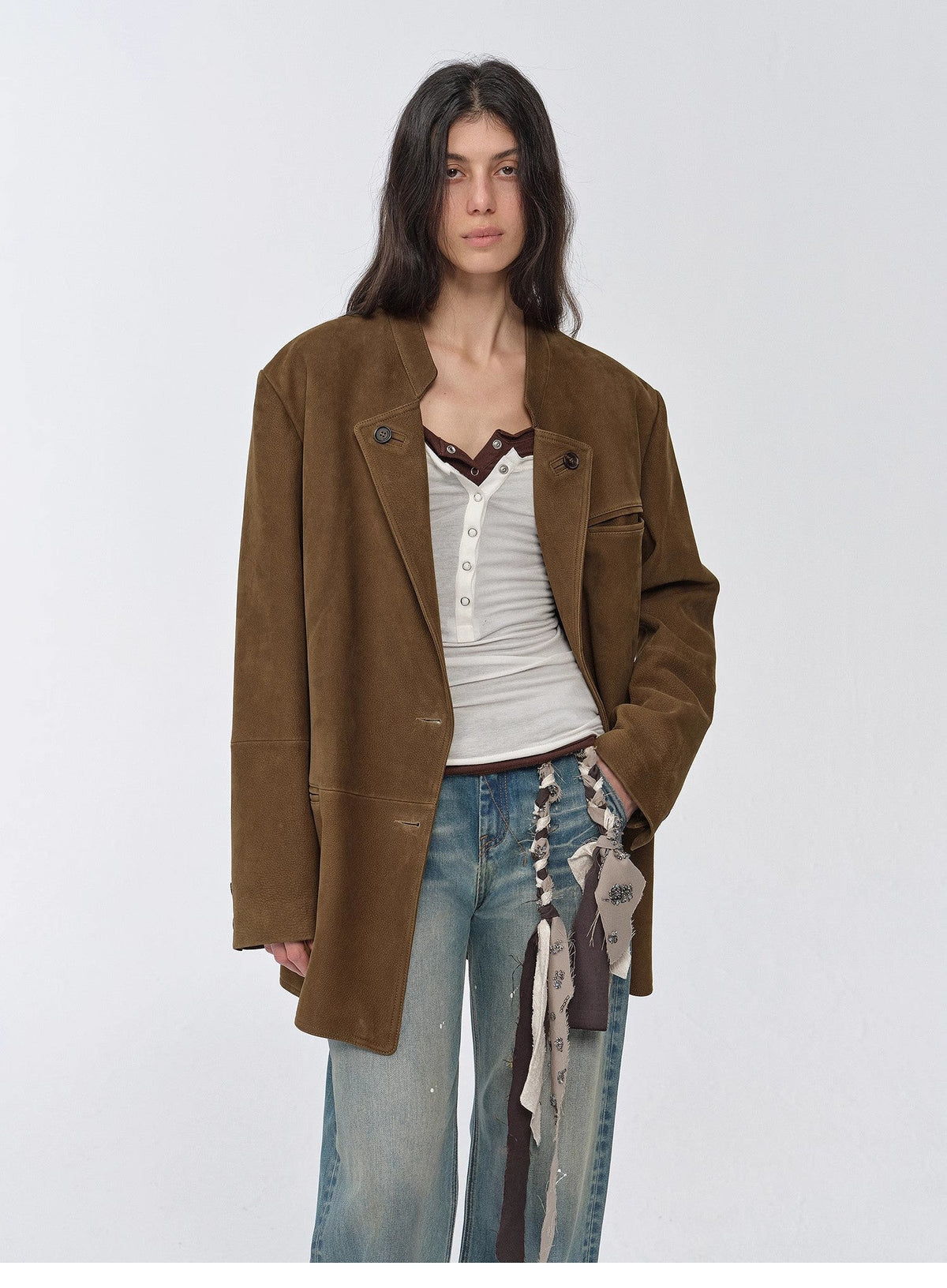 "Bavaria" vintage suede/waxy goatskin leather mid-length suit jacket-1