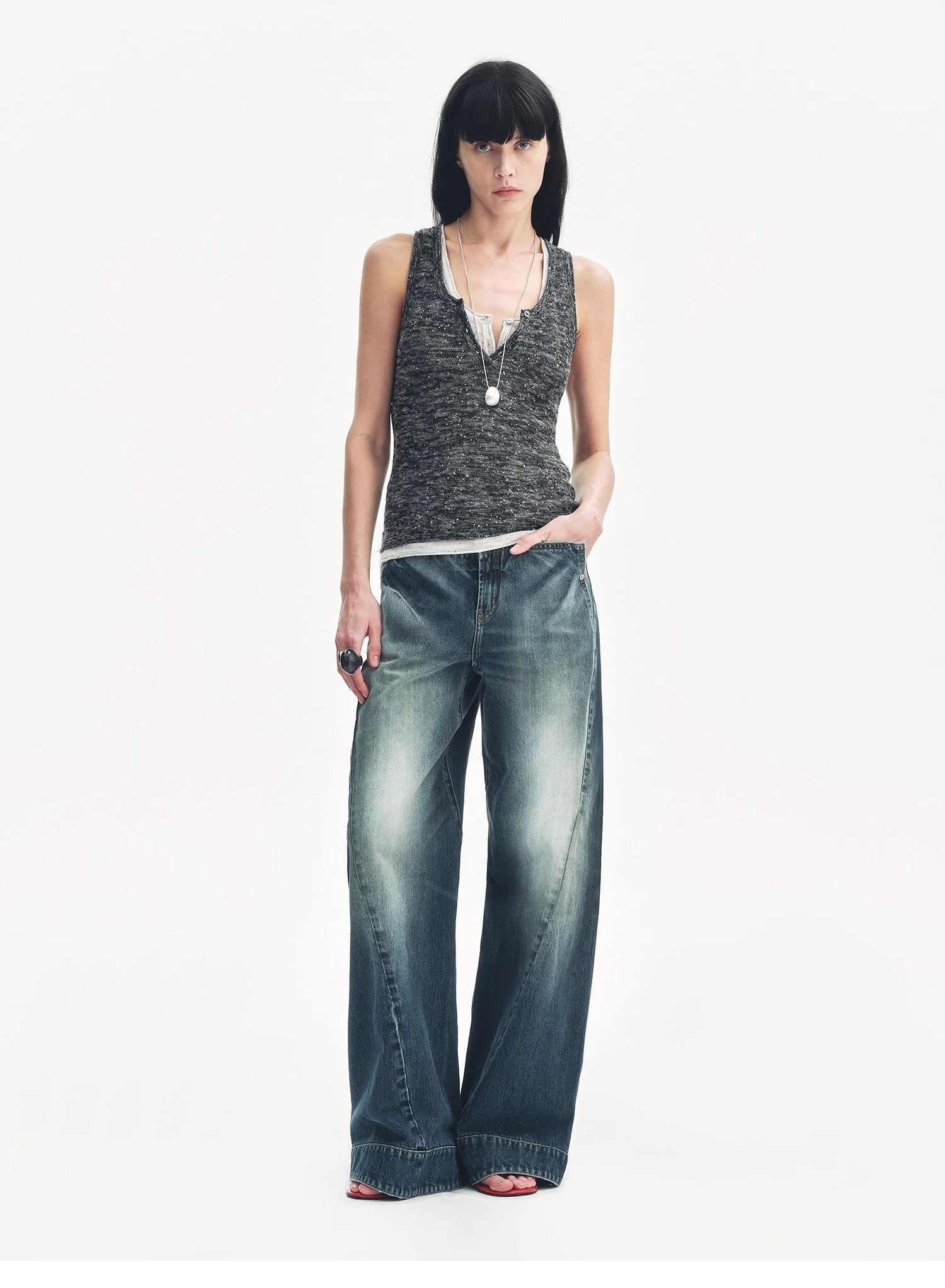 "Summer Night Starry Sky" Cotton and Linen Blended Henley Collar Beaded Vest Summer-0