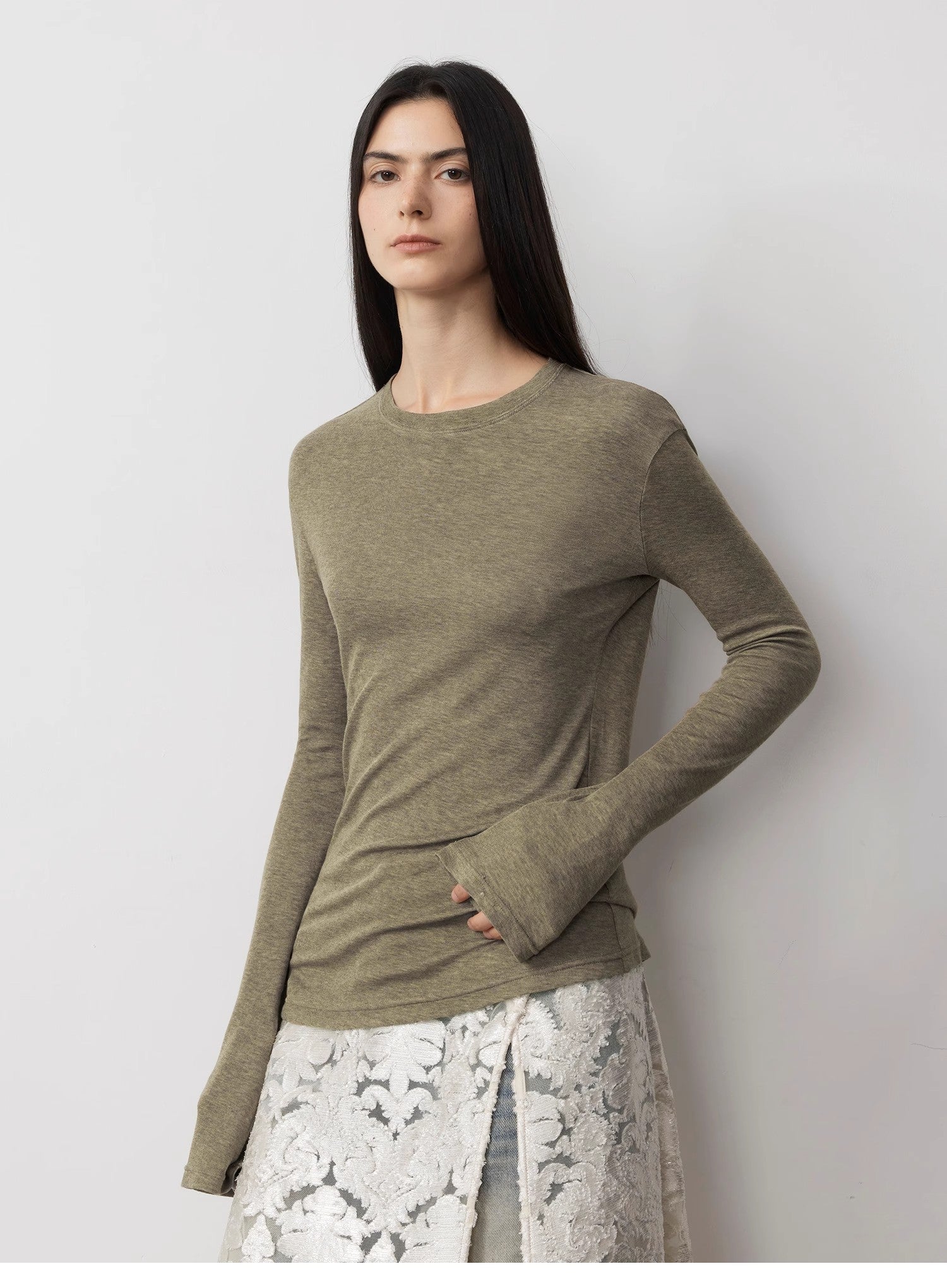 Lyocell wool stretch comfortable breathable fit minimalist solid color long-sleeved T-shirt-1
