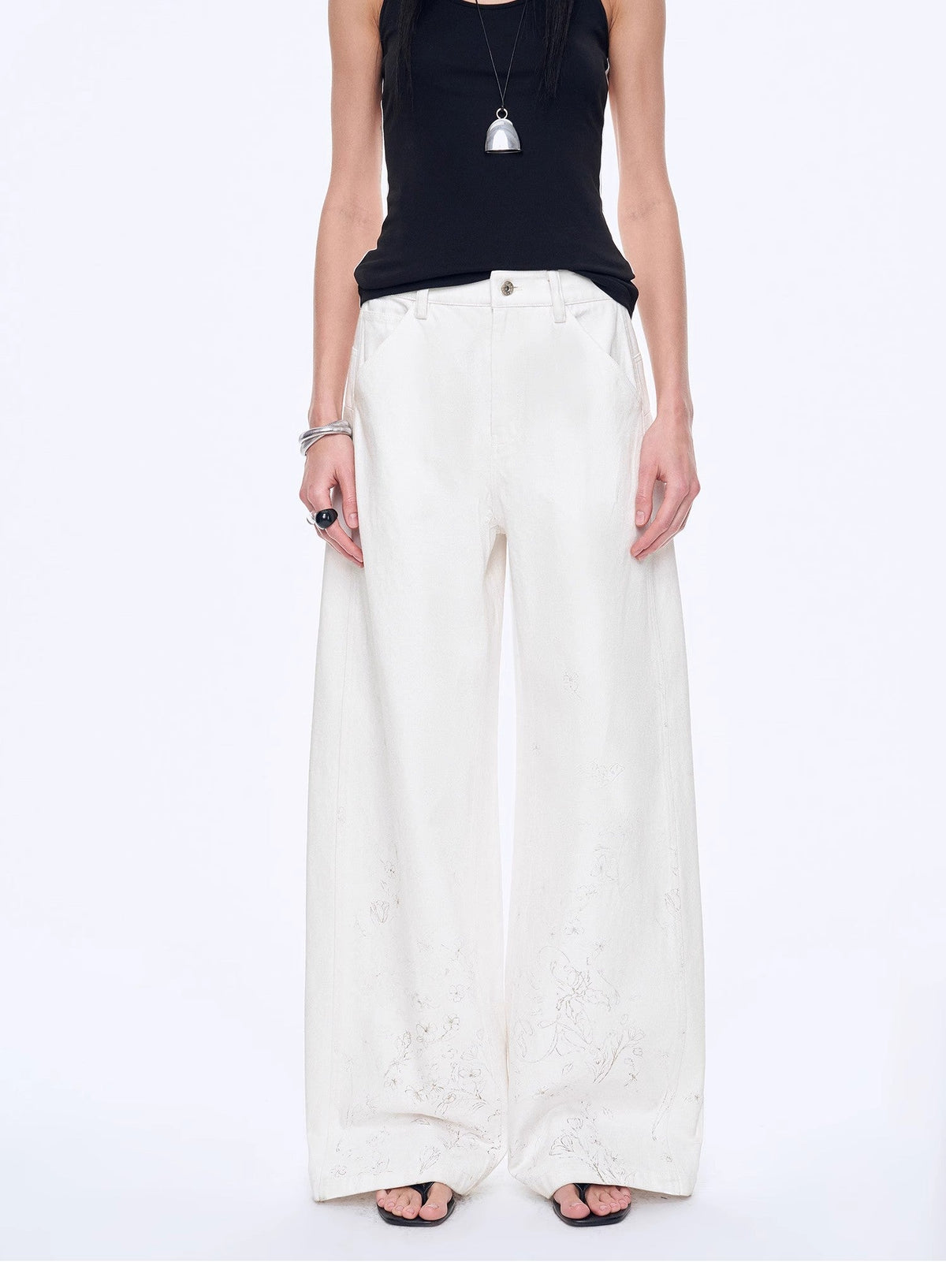 "Simple White Draft" Hand-painted Printed Slightly A Straight Jeans-4