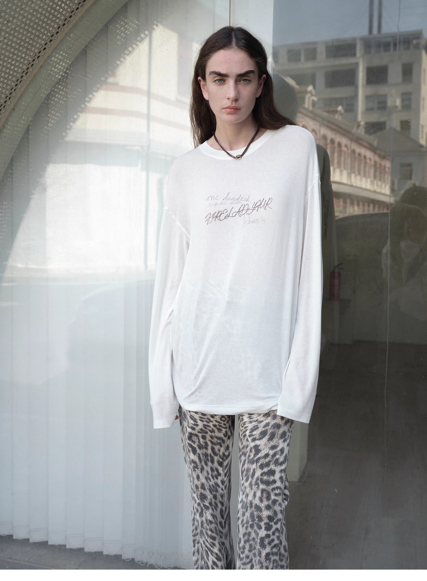 Classic all-match printed round neck slightly loose slim fit draped long sleeve T-shirt-1