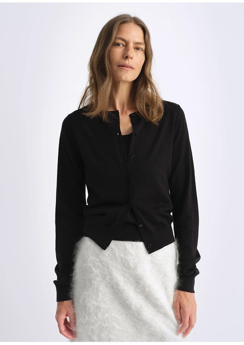 Machine washable round neck long sleeve multi-color knitted wool cardigan solid color base layer top-1