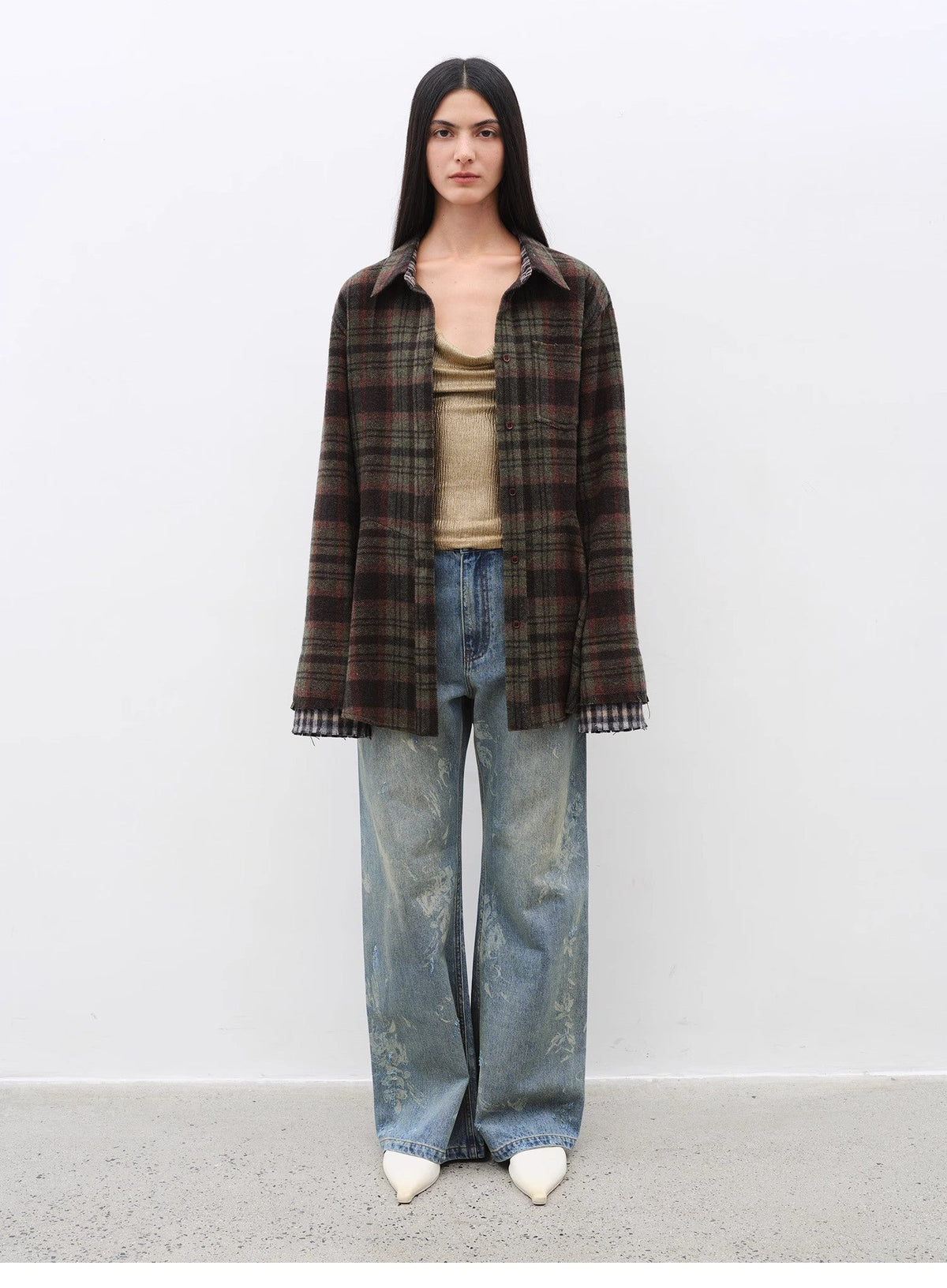 "Denim Shadow"retro washed printed layered casual slimming cotton bootcut jeans-0