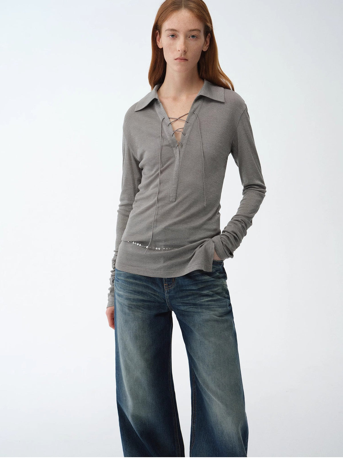 "Eiffel" light luxury silver silk knitted slightly transparent tie lapel slim drape long sleeve knitted top-0