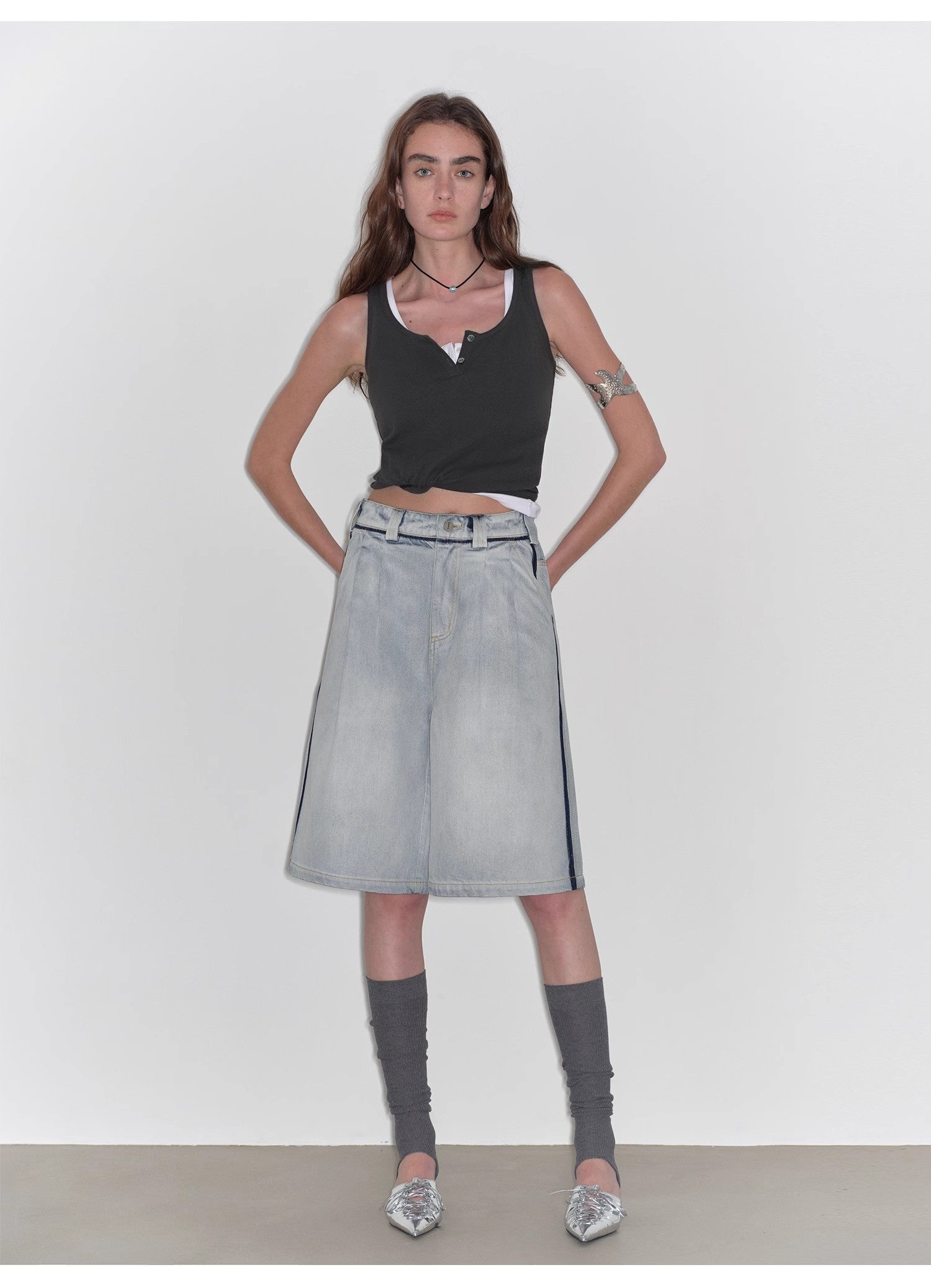 “Unruly Sonata” Neutral Style Loose Feeling Imported Washed Mid Rise Bumped Side Wide Leg Washed Denim Mid Pants-0