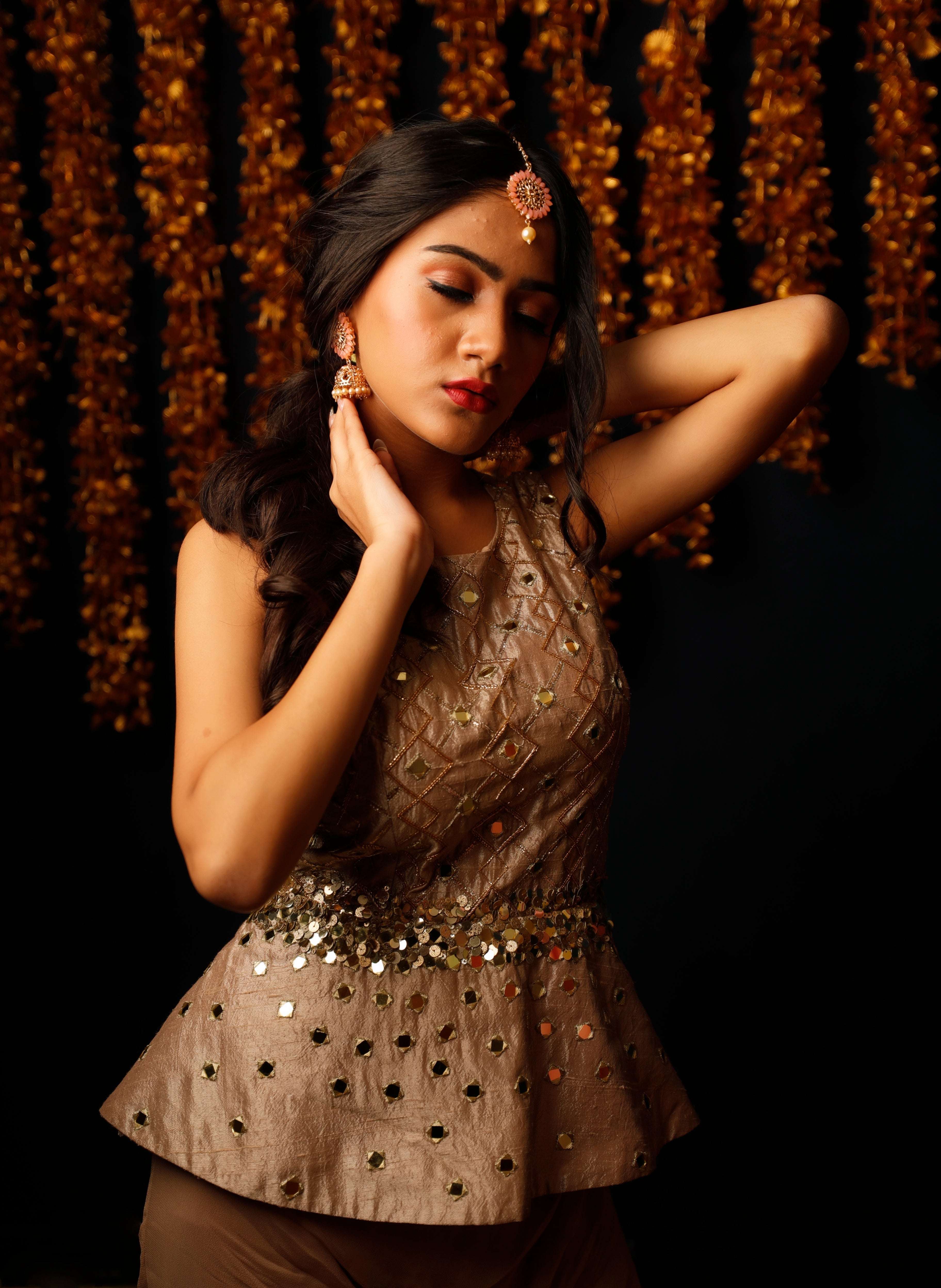 Golden Brown Peplum Top with Mirror Work and Georgette Sharara Set for Women-1