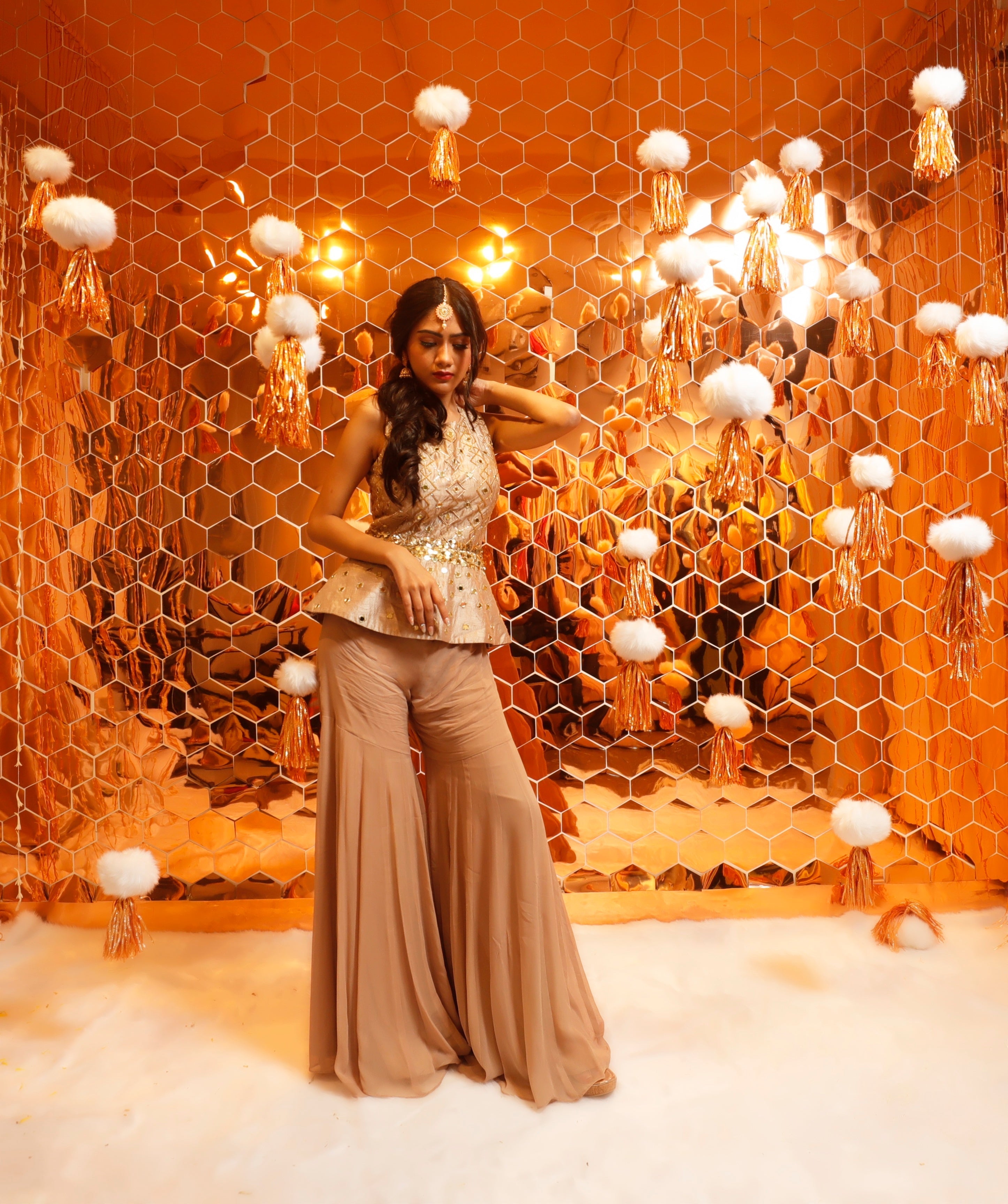 Golden Brown Peplum Top with Mirror Work and Georgette Sharara Set for Women-0