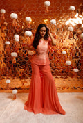Peach Gota Patti Hand-Embroidered Peplum Top with Sharara Set for Women-0