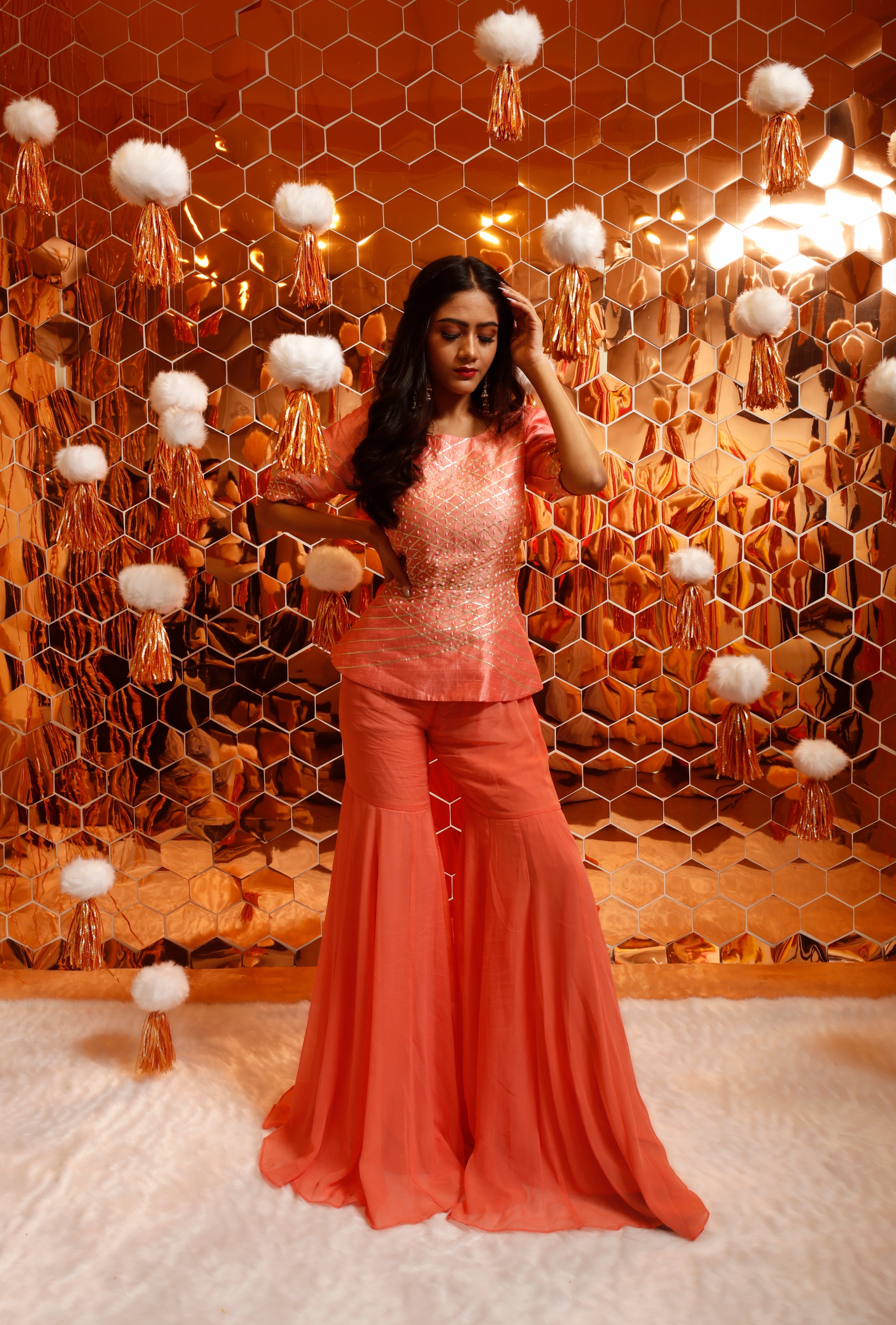 Peach Gota Patti Hand-Embroidered Peplum Top with Sharara Set for Women-0