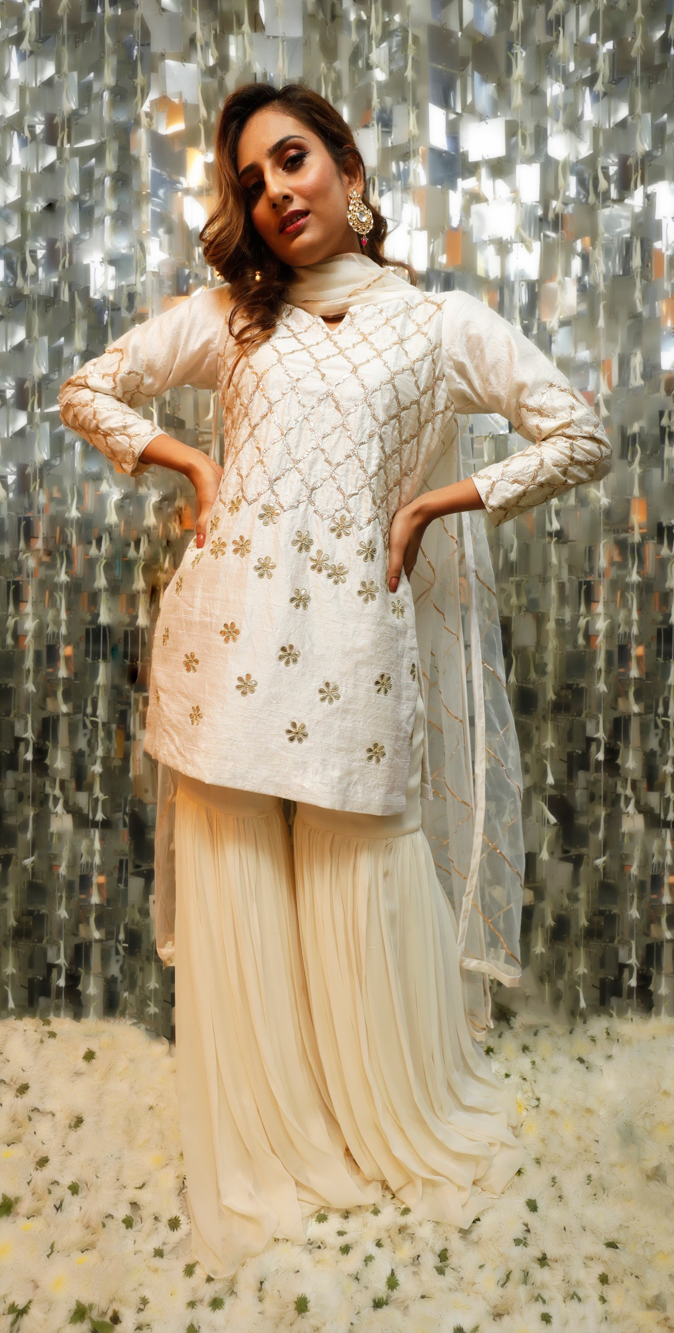 Ivory Gota Patti Short Kurta with Georgette Sharara and Net Dupatta Set-0