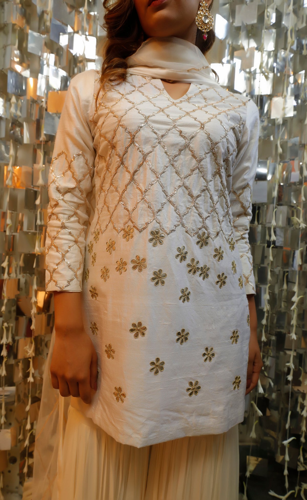 Ivory Gota Patti Short Kurta with Georgette Sharara and Net Dupatta Set-2