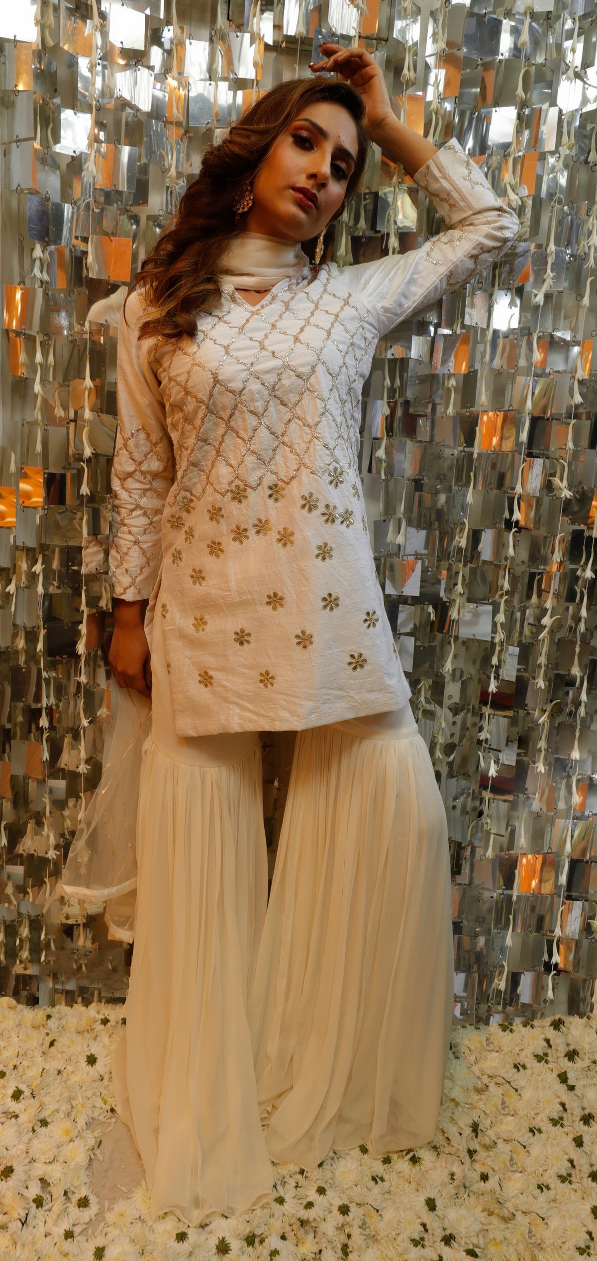 Ivory Gota Patti Short Kurta with Georgette Sharara and Net Dupatta Set-3