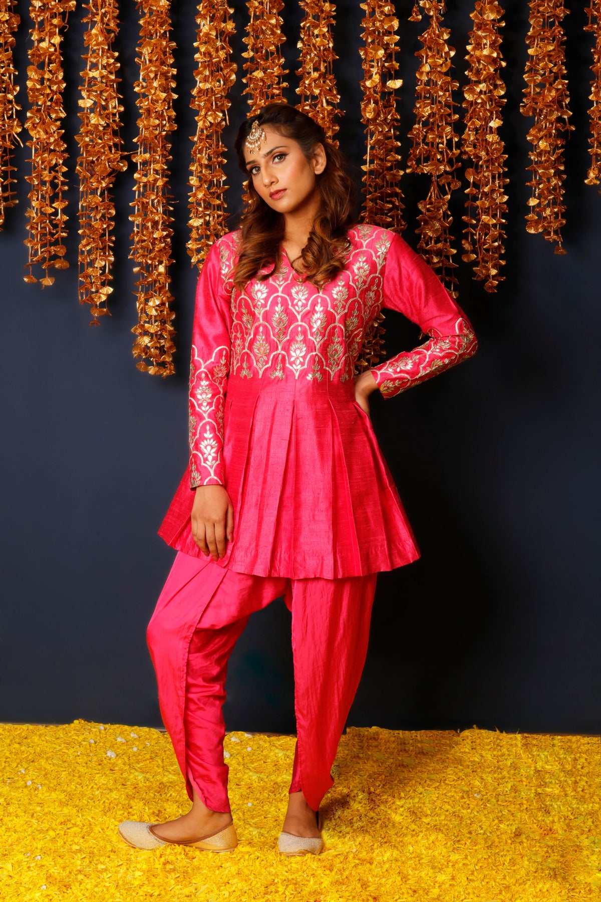 Hot Pink Gota Patti Embroidered Kurta with Cotton Satin Dhoti Set for Women-3