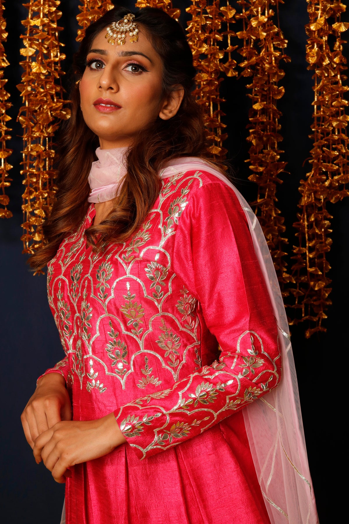 Hot Pink Gota Patti Embroidered Kurta with Cotton Satin Dhoti Set for Women-2