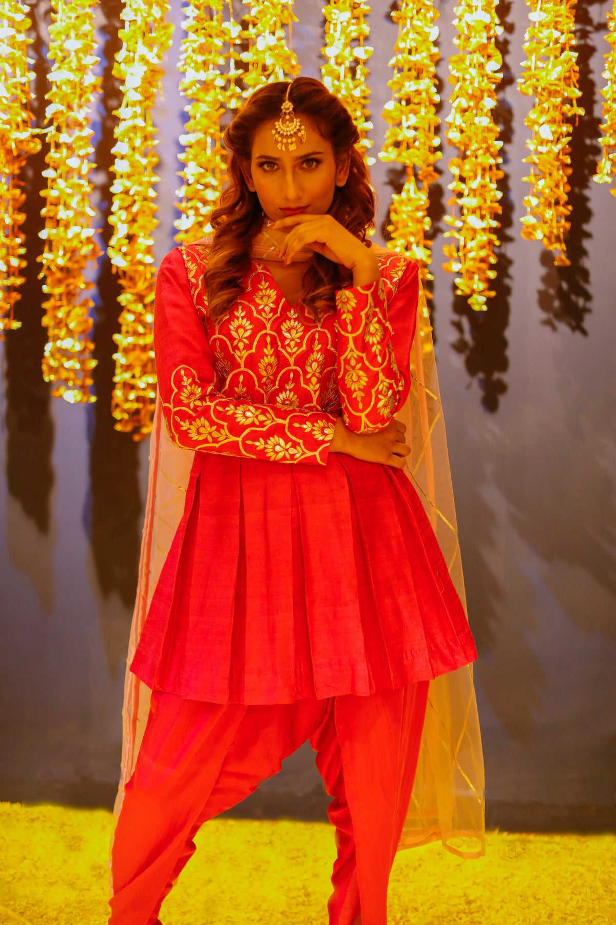 Hot Pink Gota Patti Embroidered Kurta with Cotton Satin Dhoti Set for Women-0