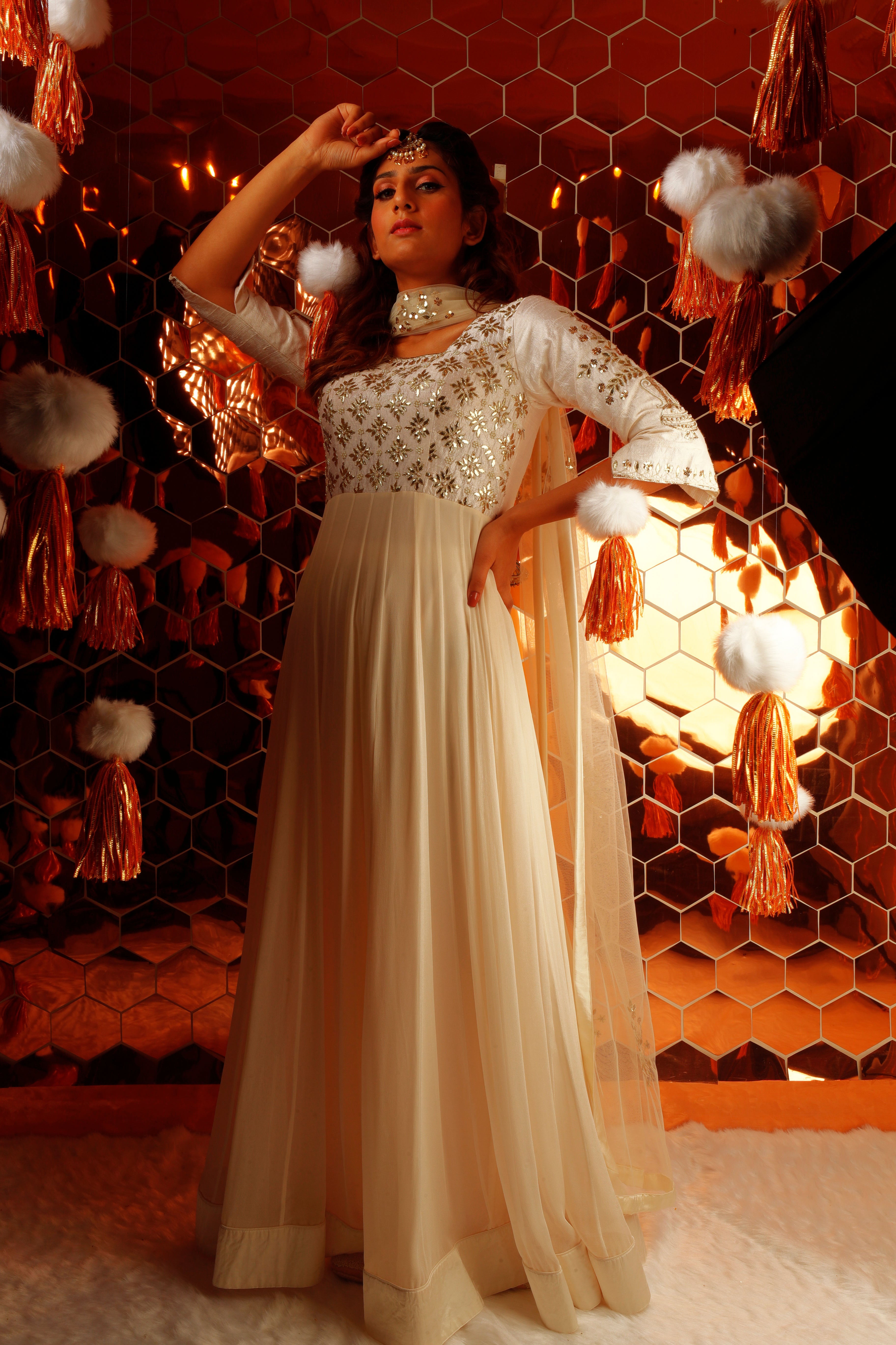Ivory Anarkali with Gota Work-3