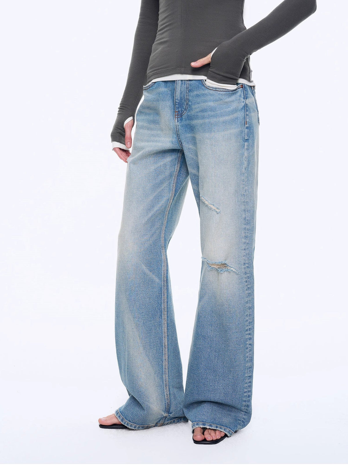 "West City Rhythm" Handmade Whisker Washed Flared Jeans Spring-1