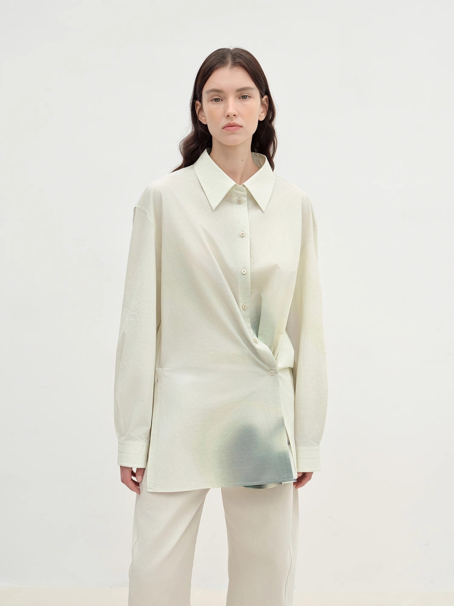 "Green Time" lapel side slit two-wear cotton printed shirt-3
