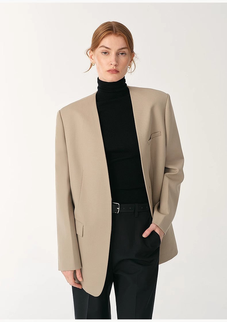 Australian Merino Wool Classic Simple Collarless Deep V-Neck Suit-2