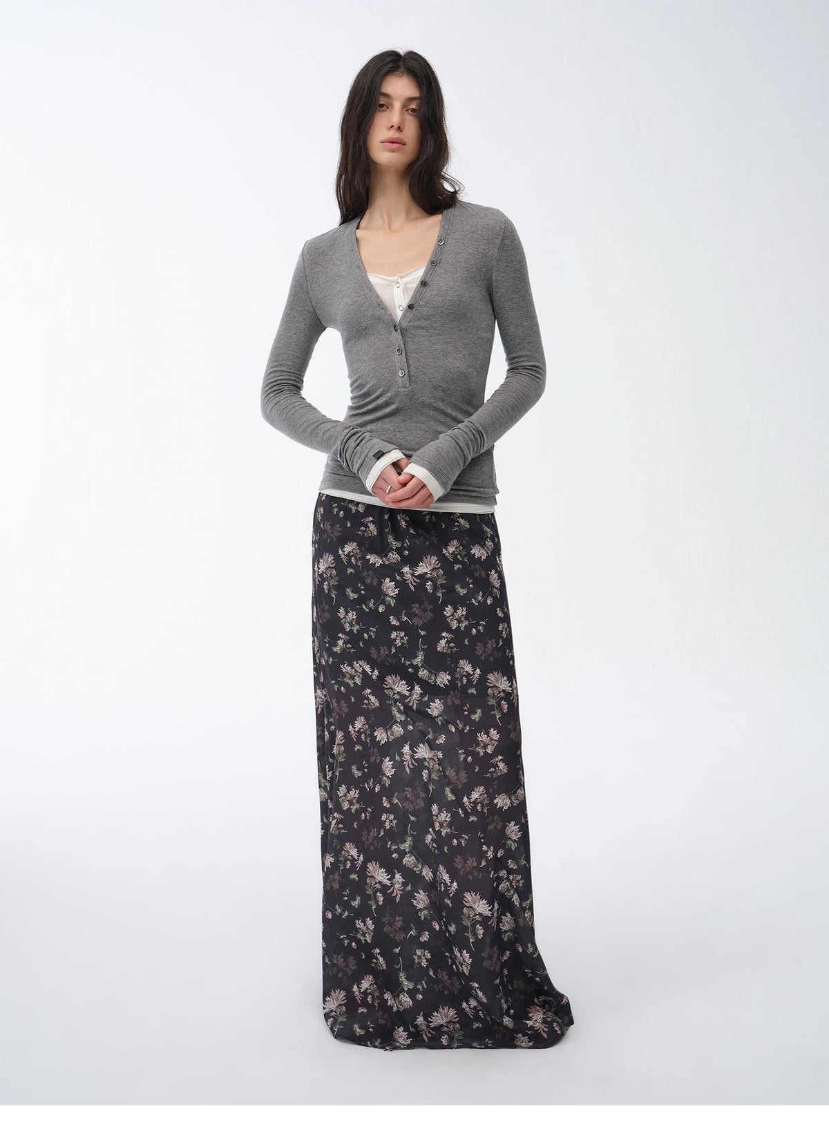 "Gallery Dusse" Vintage Print Straight Draped Skirt-0