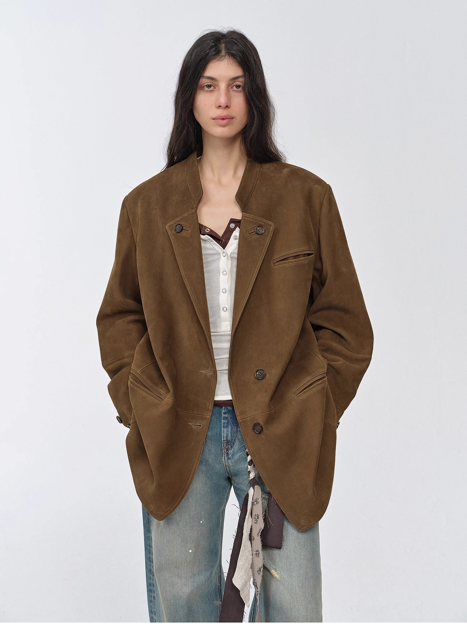 "Bavaria" vintage suede/waxy goatskin leather mid-length suit jacket-4