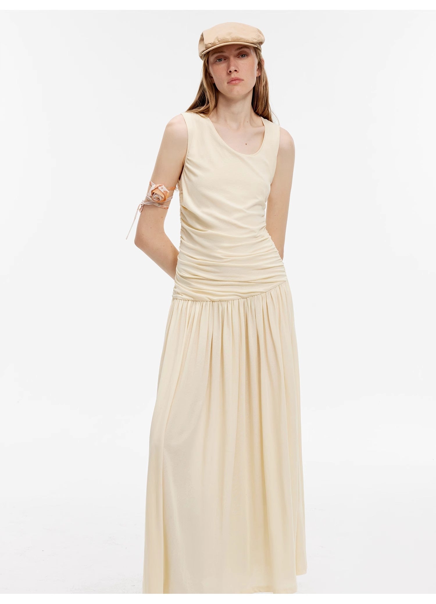 "Casual Commuting" light luxury mercerized cotton special-shaped collar waist irregular lazy long dress-4