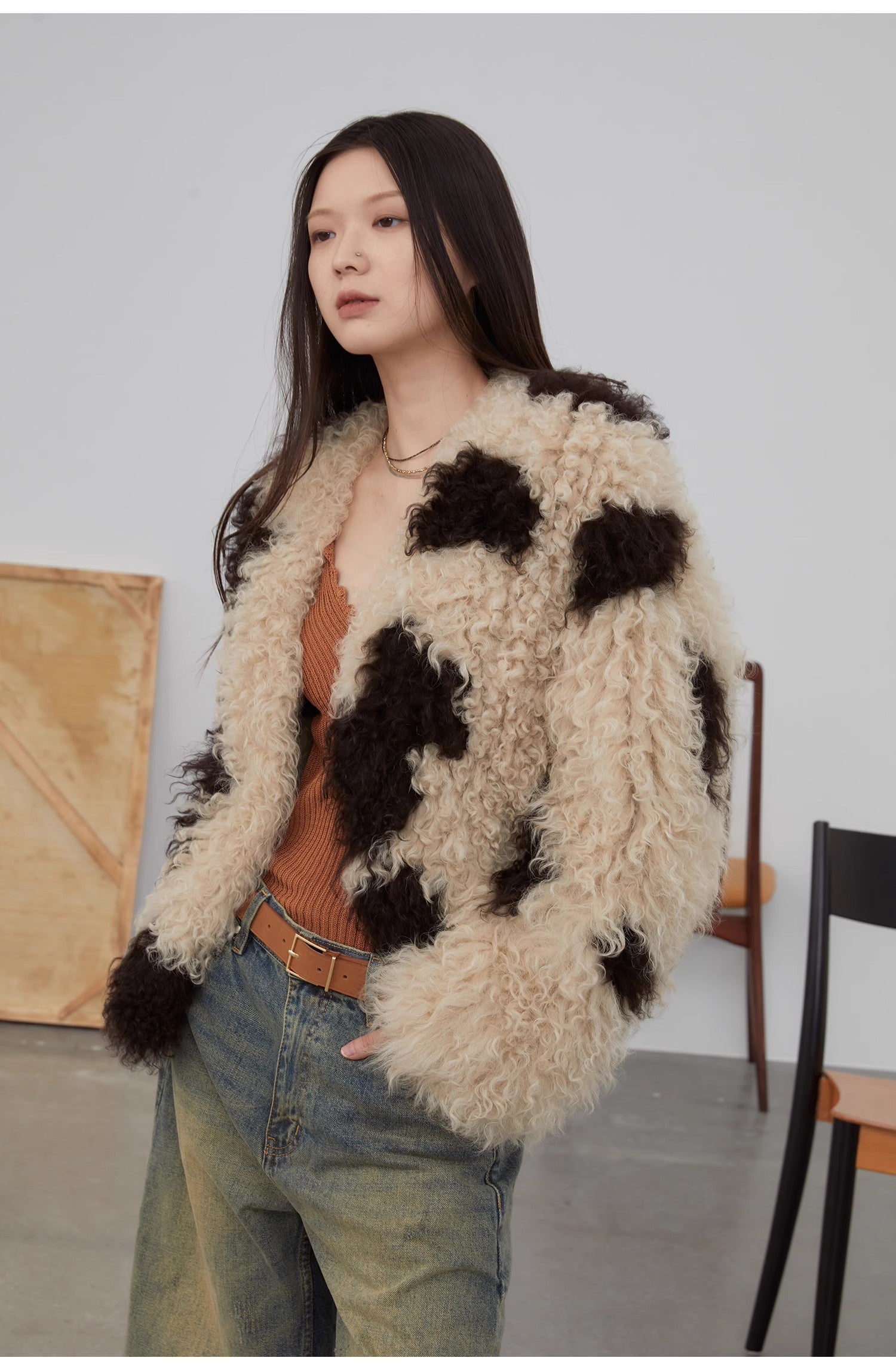 Fragrant Cream Cow Pattern Sheep Curly Double Knit Fur Short Coat-2
