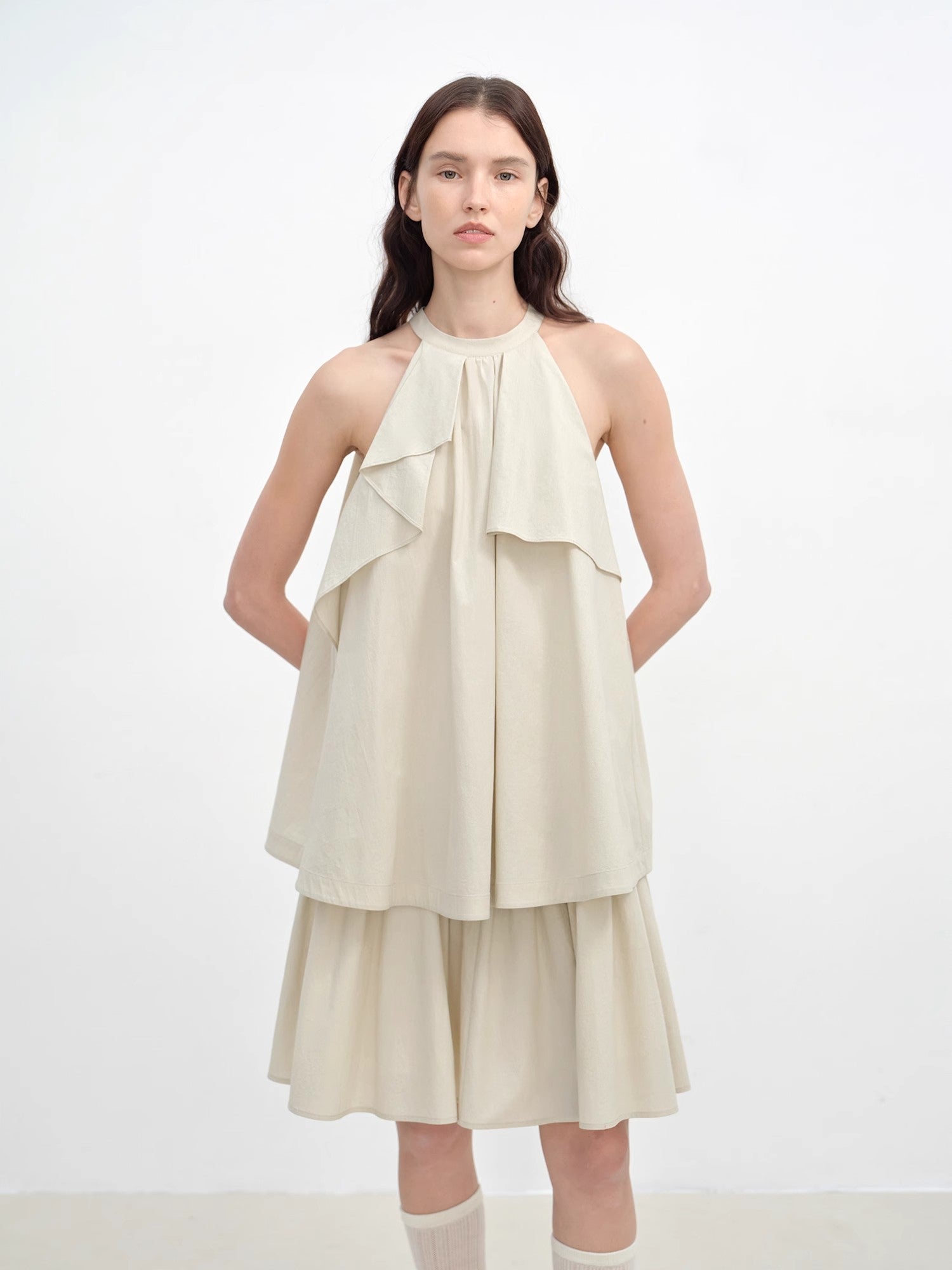 "Floating Island Manor" small stand-up collar design asymmetrical halter dress-1