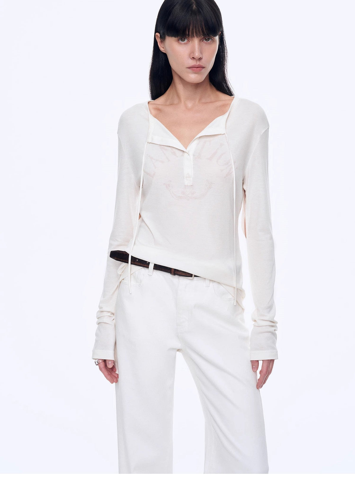 "Minimal Message" ethnic print modal knit henley collar tie long sleeve T-shirt top-4