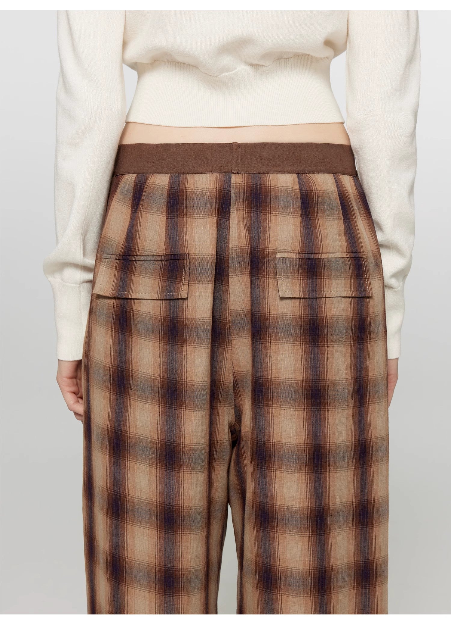 "Patchwork Street Corner" Dyed Retro Plaid Casual Pants for Women, Elastic Waist, Straight-Leg, Wide-Leg Long Trousers-1