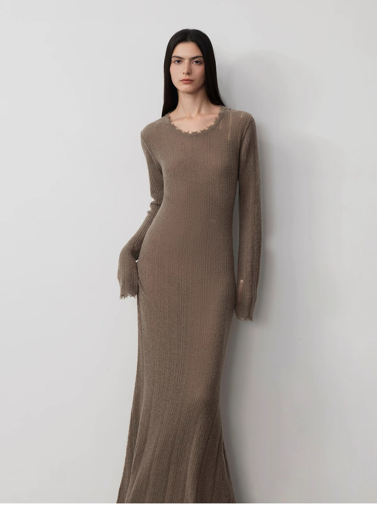 Wool looped yarn raw edge ripped and drapey long dress with a slim fit-1