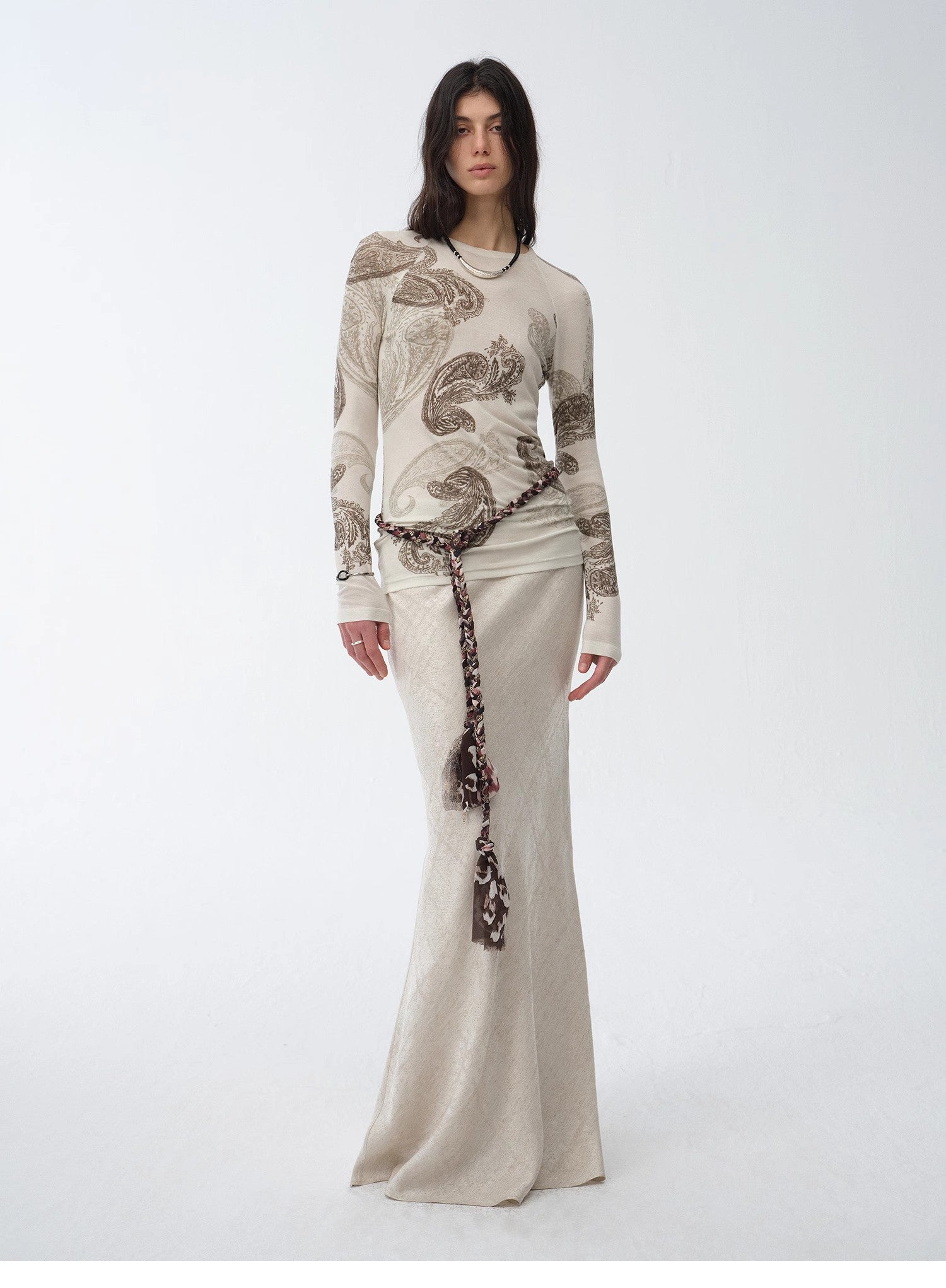 "Vintage Gene" Tencel wool original cashew print round neck slim long sleeve T-shirt top-0