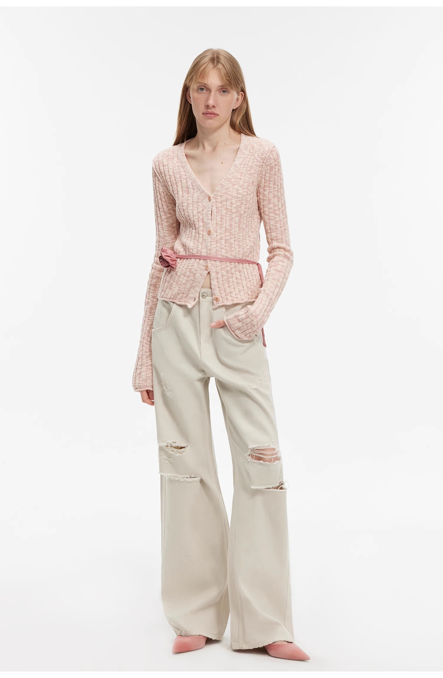 "Spring Grass Single" luxury brand same version cotton linen yarn V-neck slim pit short knitted cardigan-4