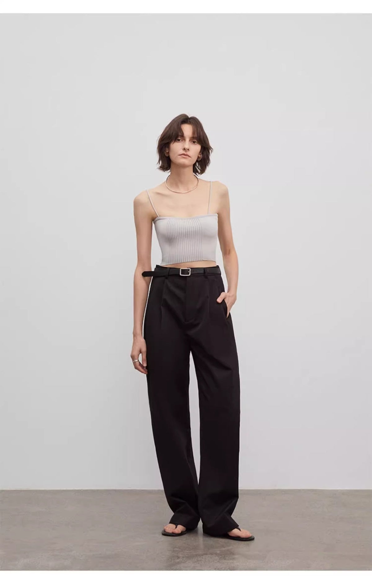 Spliced double-pleat wide-leg trousers straight-leg trousers for women-0