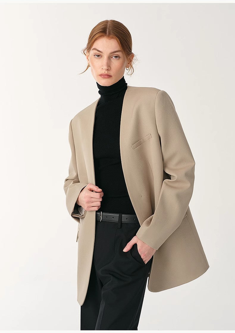 Australian Merino Wool Classic Simple Collarless Deep V-Neck Suit-3