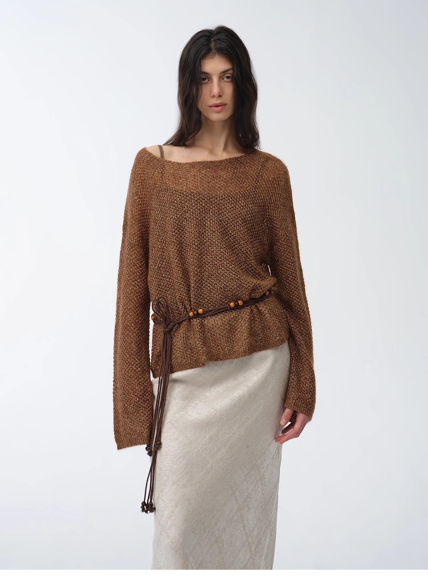"Sparkling Spring" Mohair Blended Fancy Yarn Boat Neck Sequin Hollow Sweater Top-1
