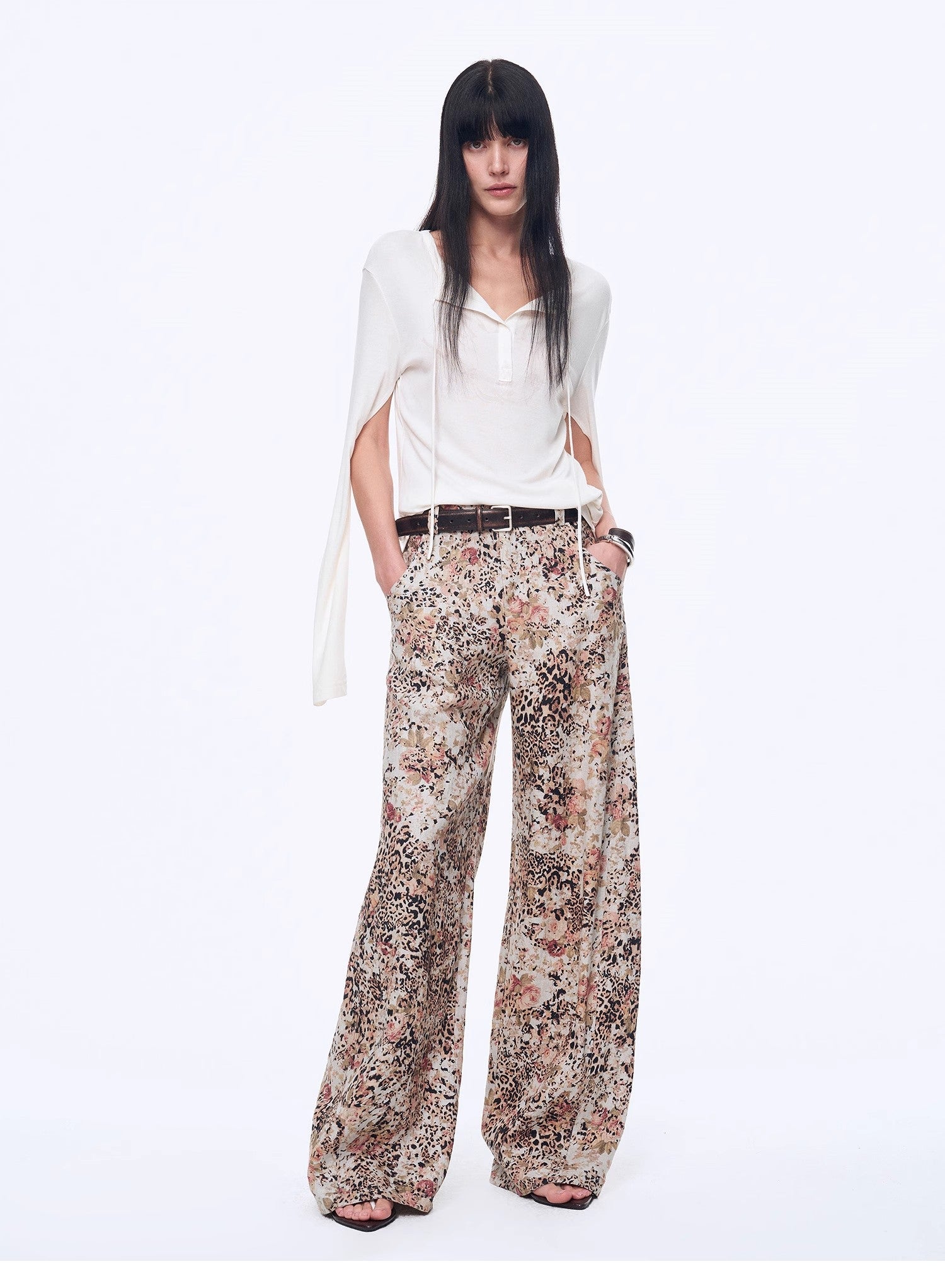 "Slow Paris" Vintage Print Linen Blend Cut Scimitar Wide Leg Casual Pants-0