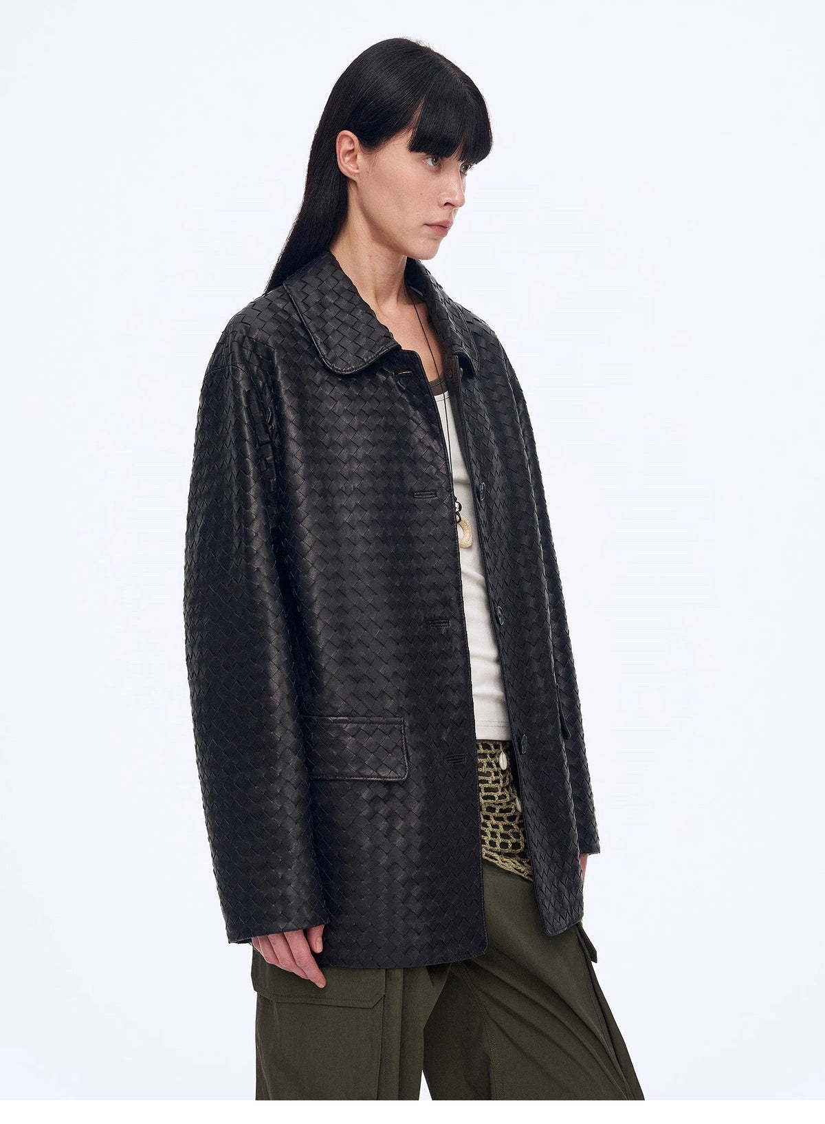 "Rembrandt Night" New Zealand imported lambskin perforated woven leather jacket spring-4