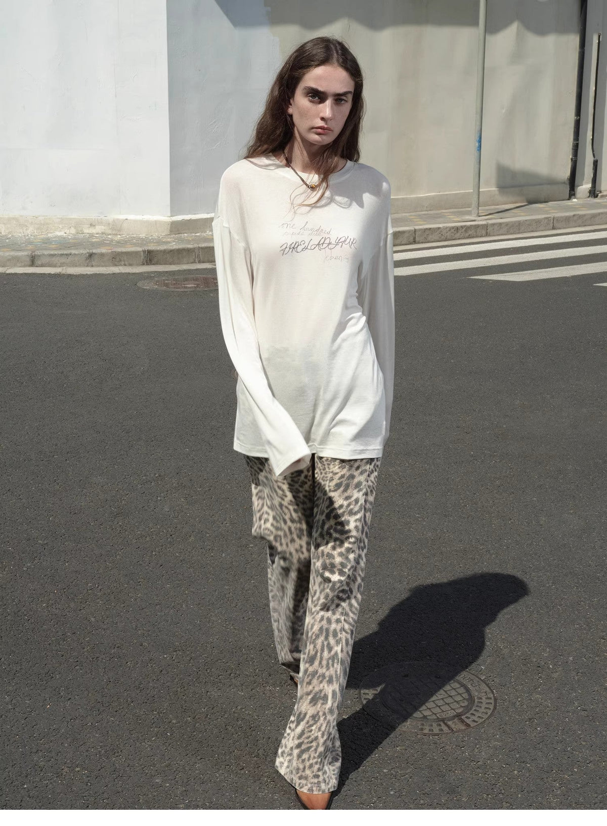 Classic all-match printed round neck slightly loose slim fit draped long sleeve T-shirt-0