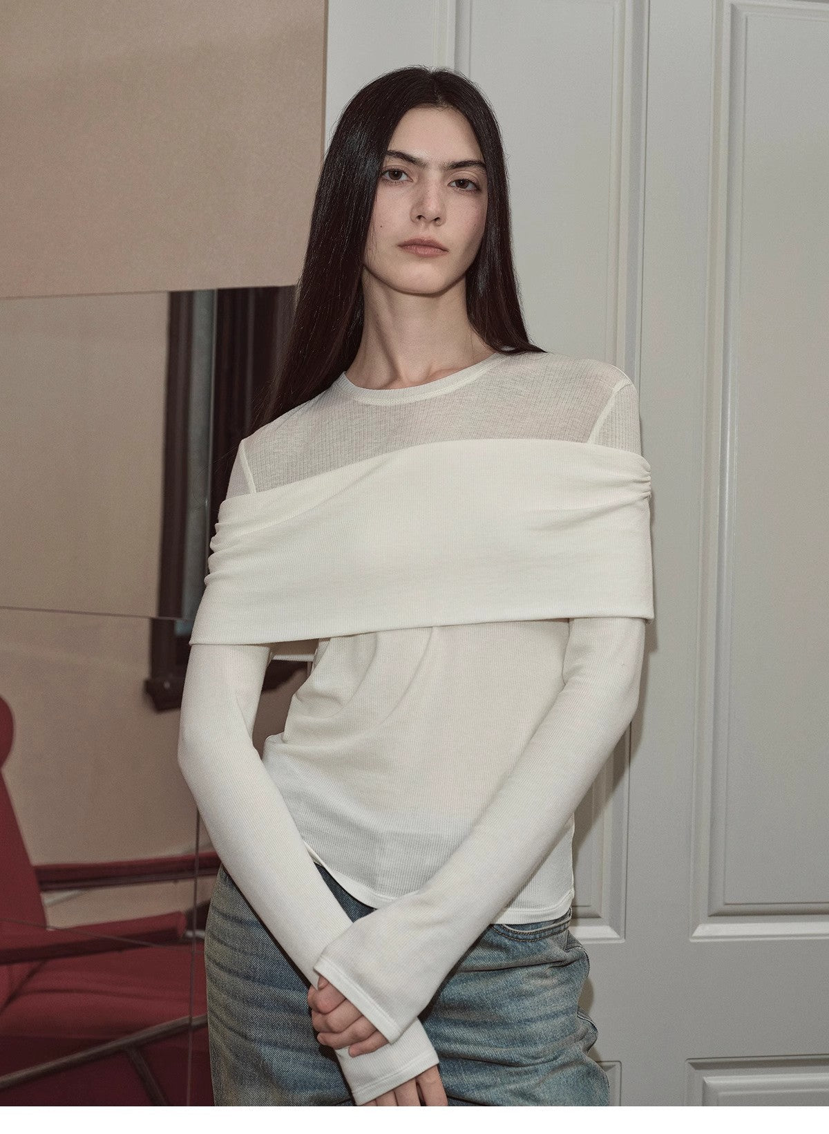 "Modern Tricks" personalized layered Tencel wool fake two-piece splicing one-shoulder versatile knitted top-1