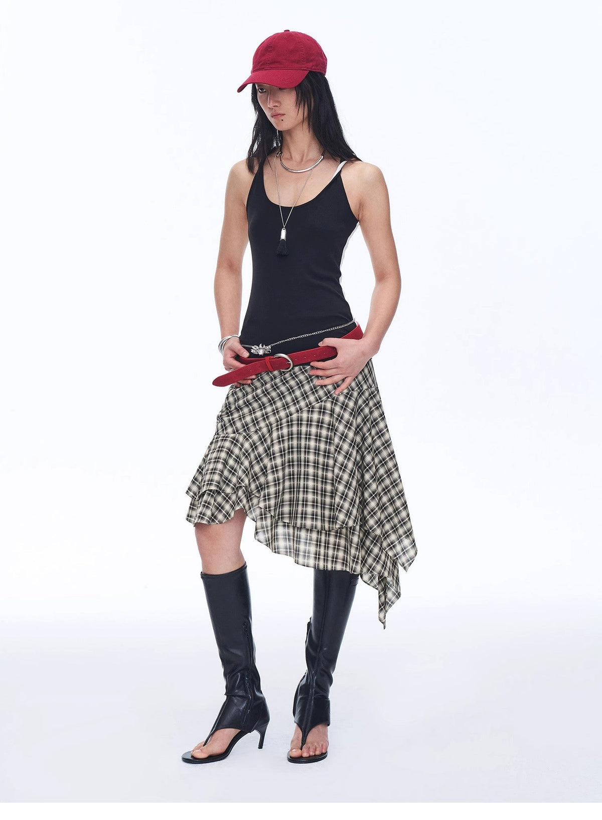 "Full-level ballet" Tencel acetate plaid irregular A-line skirt-0