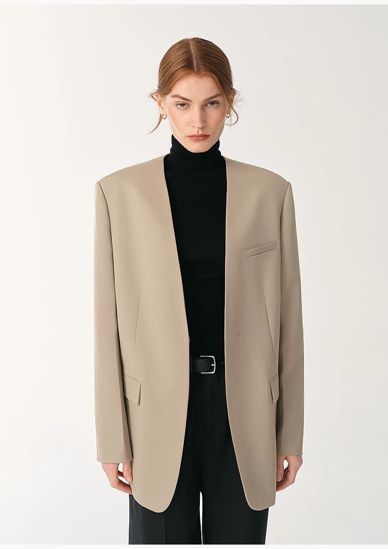 Australian Merino Wool Classic Simple Collarless Deep V-Neck Suit-4