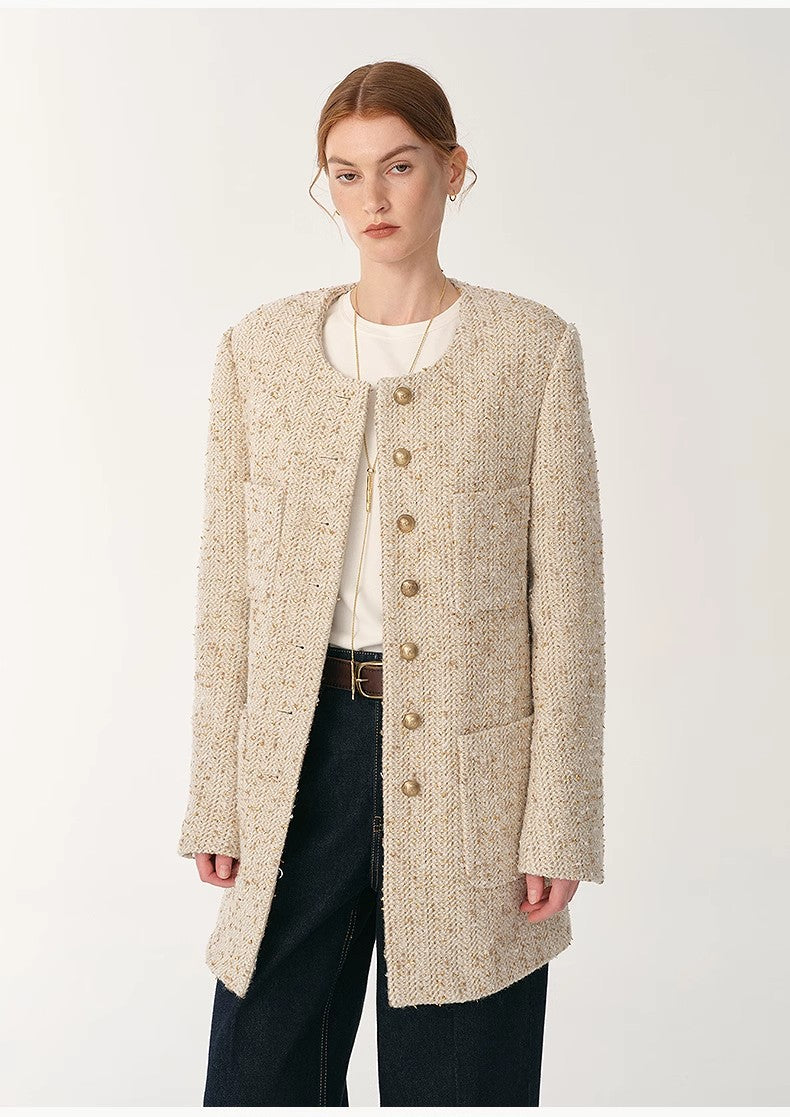 Heavy wool tweed high-end exquisite round neck patch pocket slim Chanel jacket for women-0