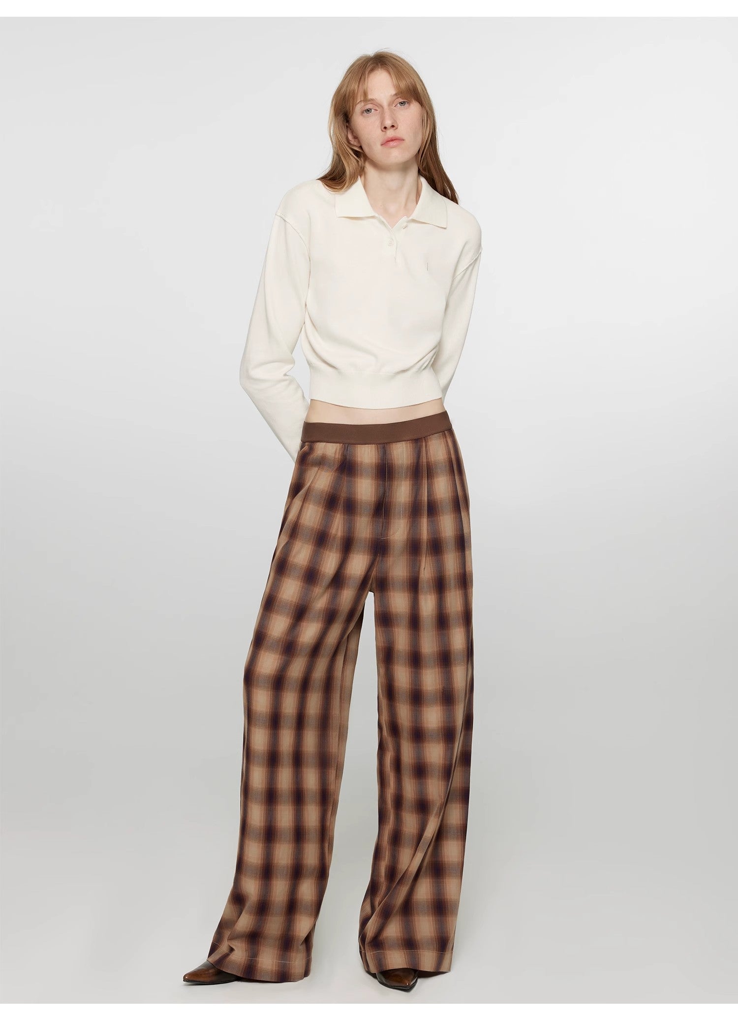 "Patchwork Street Corner" Dyed Retro Plaid Casual Pants for Women, Elastic Waist, Straight-Leg, Wide-Leg Long Trousers-0