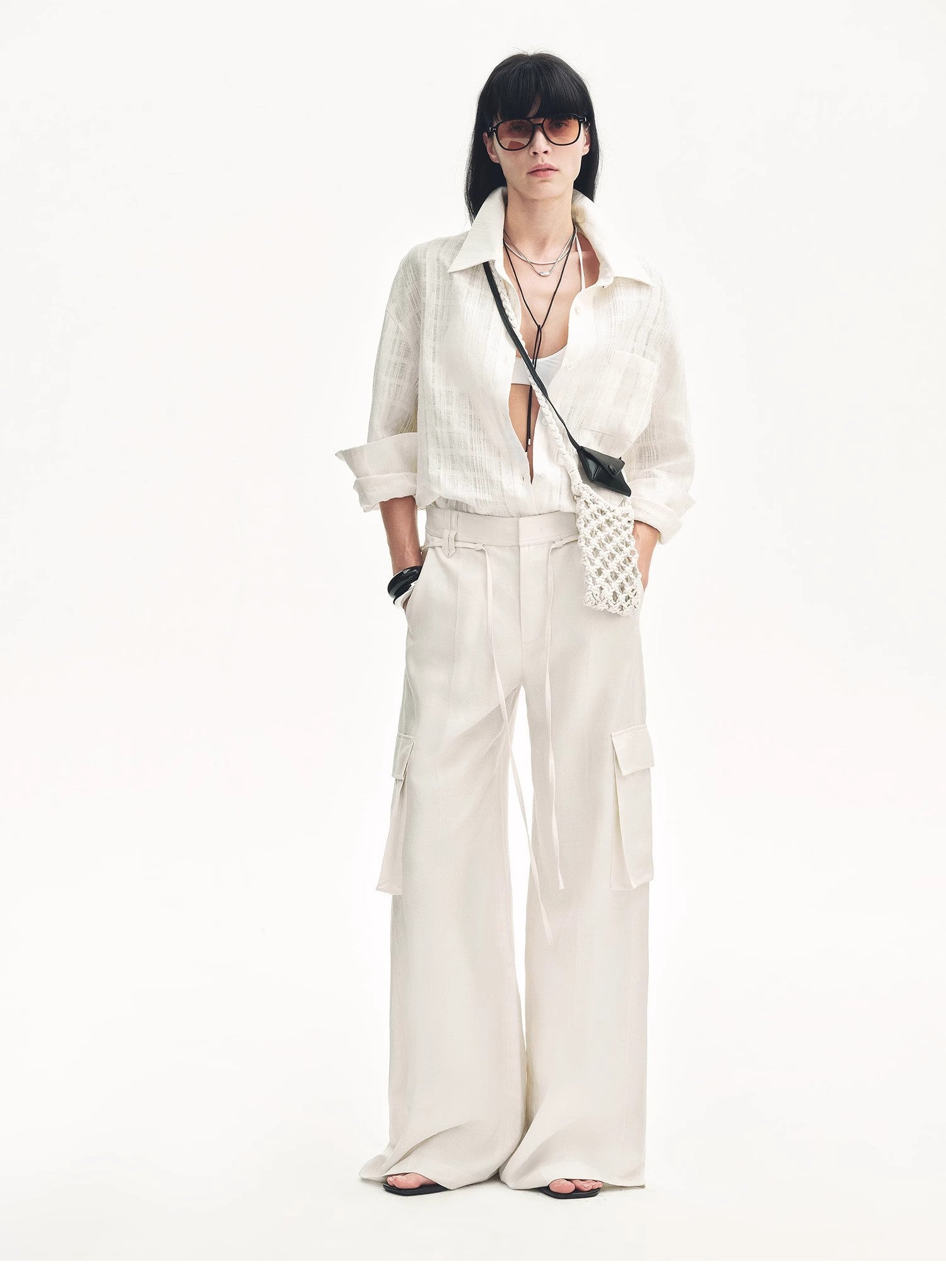 "Rhythm in the Same Frequency" Tencel linen workwear style wide-leg casual pants-0
