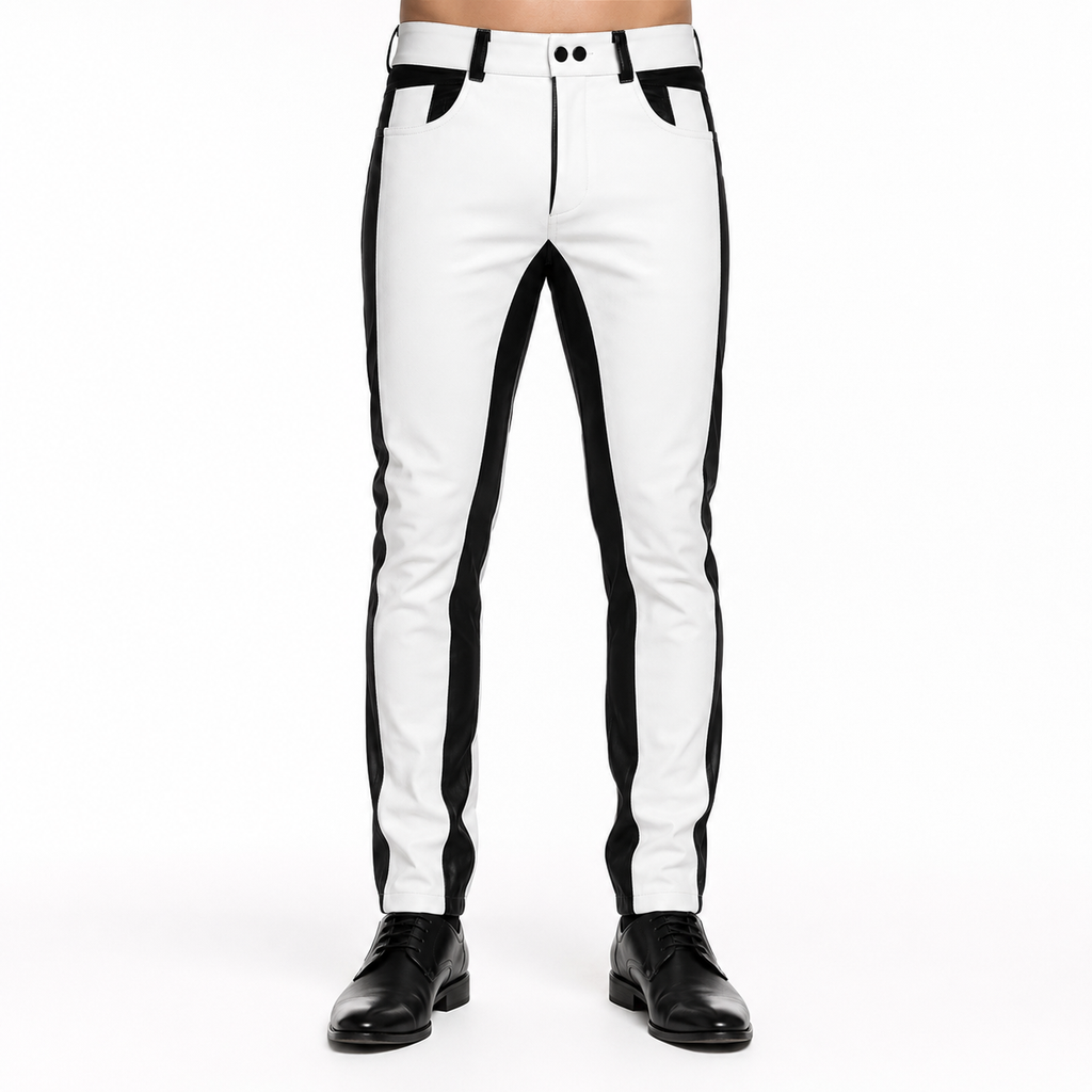 Men’s Black & White Leather Biker Pants-1