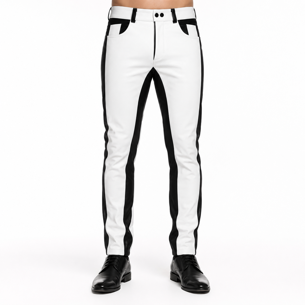 Men’s Black & White Leather Biker Pants-1