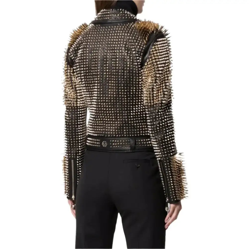Women’s Golden Studded Leather Biker Jacket-4